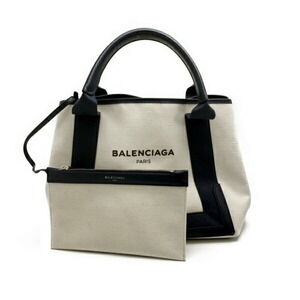 Balenciaga Tote Bag Navy Blue Cabas Canvas Leather White
